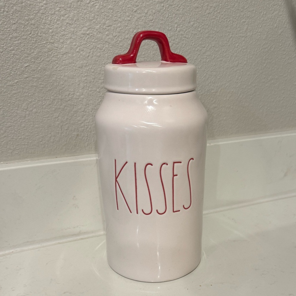 Rae Dunn White 'Kisses' Jar with Red Handle